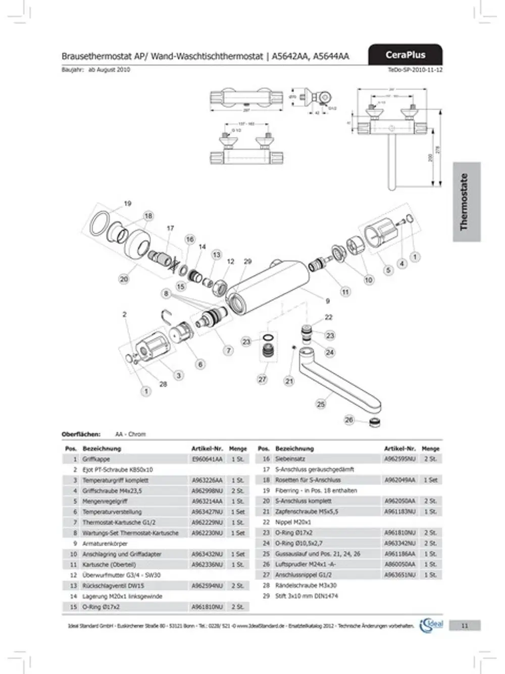 Explosionszeichnung eines Thermostats von Ideal Standard mit verschiedenen Einzelteilen und Artikelnummern zur Identifikation der Komponenten.